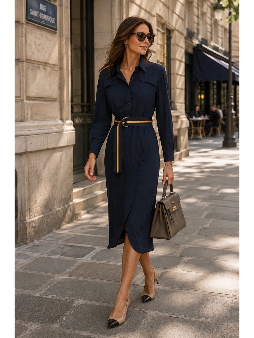 Sandro Paris US 6 Navy Swiss Dot Midi Shirt Dress Belted Silk Blend Luxury
